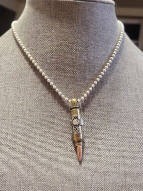 484- Silver Ball Chain Necklace with Brass Bullet Cross Pendant Tri-tone